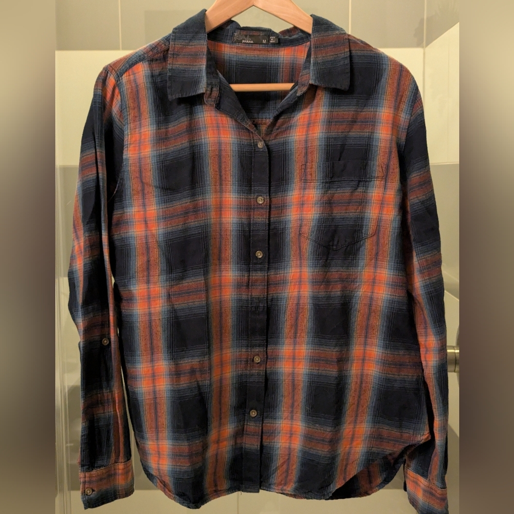 Prana Women's Blue and Orange Plaid Shirt